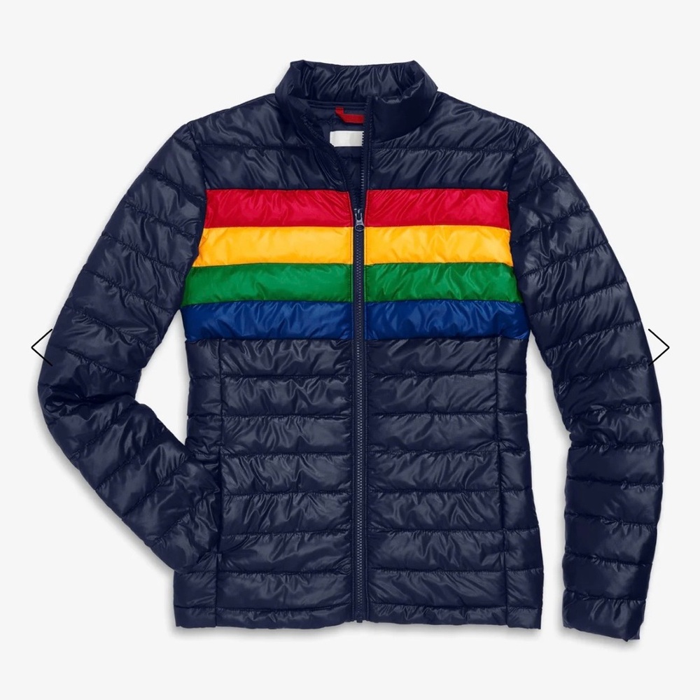 Primary Unisex Puffer Jacket - Navy with Rainbow Stripes - Picture 1 of 6